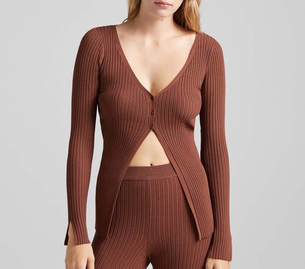 Bershka Brown Ribbed Knit Button Open Front Festival Girlhood Sweater Cardigan-S